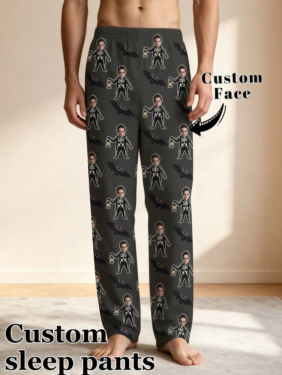 1pc Men's Customized Face Photo Pajama Pants, Personalized Red & White Heart Pattern Lounge Pants, Boyfriend Gift - Multicolor - View 1
