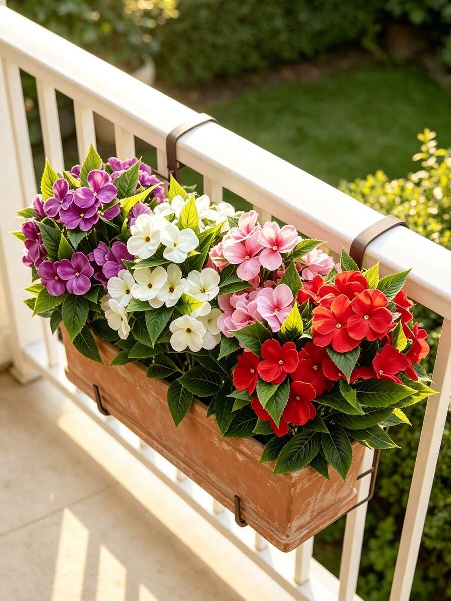 2pcs Impatiens Artificial Flowers | Multi-Color Faux Flower Planter, Stylish Decor For Patio & Balcony, Long-Lasting Fake Flowers, Home Outdoor Landscaping Must-Have, Table & Window Display Bouquet, Plastic, Suitable For Spring, Thanksgiving - Impatiens - View 1