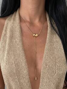 1pc Minimalist Asymmetric Pebble Water Drop Lasso Necklace, Gold Snake Chain Y-Shaped Adjustable Pendant Jewelry, Women's Daily Gift - Gold - View 6
