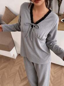 French Lace Trim V-Neck Drawstring Pajamas For Women, Ruched Bust Design, Grey Long Sleeve Sleepwear Loungewear 2 Pieces Set, Suitable For Outdoor Wear - Grey - View 3