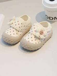 1 Pasang Sepatu Jalan Bayi Perempuan Baru Musim Semi/Gugur Motif Polkadot & Bunga, Sol Lembut dengan Perekat Velcro di Ujung Sepatu, Sepatu Loafer Anti-Tendang - Krem - View 4