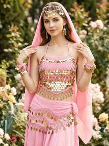 Coin Dangle Forehead Headscarf + Wrist Cuffs + Chest Ornament + Hip Decor, Multi-Scenario Body Decor For Belly Dance Halloween Cosplay Desert Travel Theme Party (Multiple Colors Available) - Multicolor - View 13
