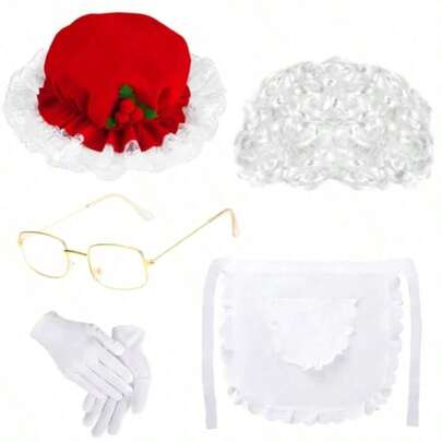 5pcs Mrs. Claus Costume Set (Mrs. Claus Hat, Old Lady Wig, Square Granny Glasses, Ruffle Apron, White Gloves), Suitable For Christmas, Cosplay Party Wear