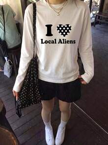 Women's Fashion Autumn/Winter Loose Minimalist Versatile Letter & Heart Print Long Sleeve T-Shirt - White - View 1