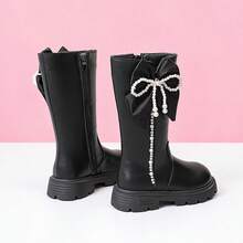 Girls' Exquisite Sweet Black Pearl Bow Rhinestone High-Top Boots With Side Zipper Design, Suitable For Autumn/Winter Outings And Outfit Matching - Black - View 5