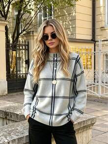Women's Plaid Loose Casual Side Slit Stand Collar Knit Sweater Pullover, Autumn/Winter Base Layer Knit Top - White - View 2