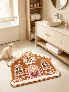 1pc Gingerbread House Shaped Christmas Holiday Decorative Floor Mat, Warm And Soft Decorative Floor Mat, Perfect For Daily Home And Holiday Decoration, Decorative Rug, Bedroom Decor, Small Rug, Carpet, Home Decor, Living Room Rug, Living Room Small Rug, Bedroom Rug, Living Room Home Decor, Outdoor Rug, Washable Rug - Multicolor - View 4