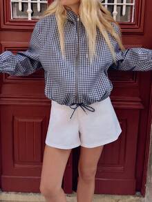 CAREE 女款秋冬格紋連帽拉鍊外套，抽繩下擺寬鬆短版休閒外套，附側邊口袋 - 彩色 - 查看 1