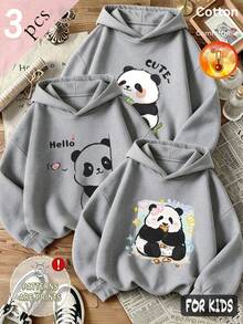 Autumn/Winter 3 Pieces Set Girls' Hooded Fleece Sweatshirt Grey Long Sleeve Cartoon Panda Print Sweet Text Y2K Style - Heather Gray+Heather Gray+Heather Gray - View 1