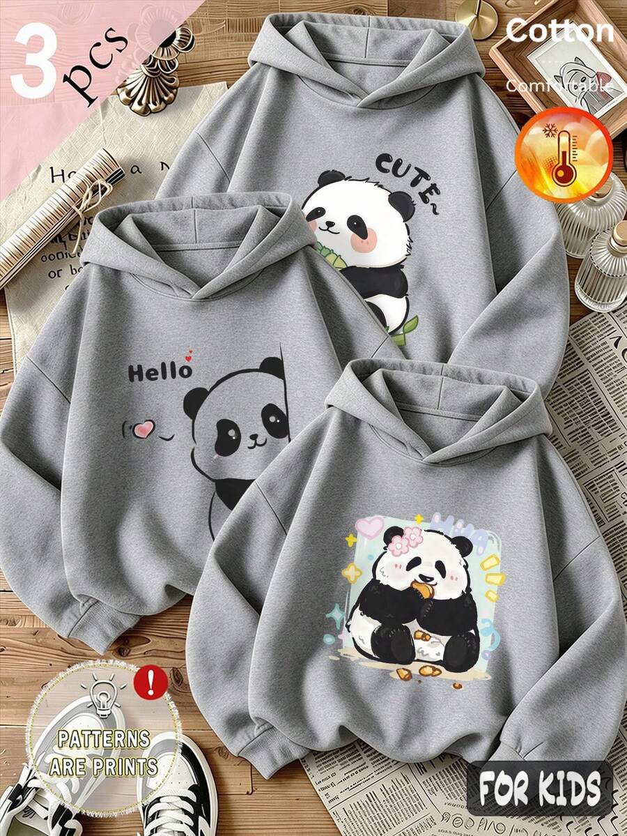 Autumn/Winter 3 Pieces Set Girls' Hooded Fleece Sweatshirt Grey Long Sleeve Cartoon Panda Print Sweet Text Y2K Style - Heather Gray+Heather Gray+Heather Gray - View 1