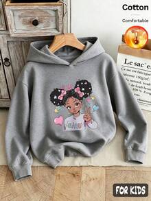 Fall/Winter 3 Pieces Set Girls' Hooded Fleece Sweatshirt With Pink Bow Heart "Yeah" Cartoon Print, Gray Long Sleeve, Y2K Style - Heather Gray+Heather Gray+Heather Gray - View 3