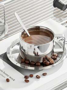 1pc Vintage Stainless Steel Coffee Cup & Saucer Set, Suitable For Exquisite Styling, Vlog Shooting And Afternoon Tea - Silver - View 9