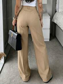 Minimalist Khaki High-Waist Pleated Wide Leg Suit Pants, Front Pleat Draped Full Length Commute Casual Women's Long Pants, Autumn Women's Bottoms - Khaki - View 5