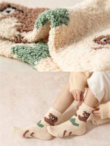 1/5 Pairs Cartoon Bear Coral Fleece Warm Mid-Calf Socks, Soft Half-Fleece Home Sleep Floor Socks, Multiple Colors Available - Multicolor - View 5
