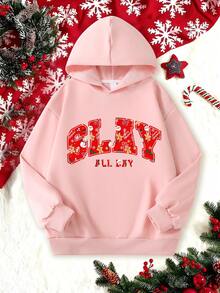 1pc Girls Casual Hooded Sweatshirt, Printed With English Pattern, Christmas Print Holiday Cartoon Playful Design, Fashion Top, Suitable For Autumn/Winter - Pink - View 2