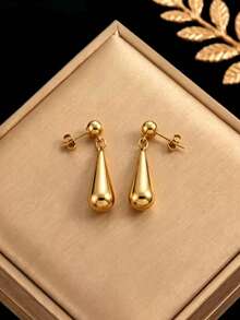 RAYQUEEN 1PC Stainless Steel Fashion Water Drop Pendant Necklace + Stud Earrings Jewelry, Suitable For Daily Wear - Gold - View 3