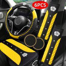 6pcs Car Interior Accessories Set, Bling Bling Rhinestone Steering Wheel Cover, Seat Belt Shoulder Pad, Armrest Cover/Pad, Cup Holder Coaster, Universal Size, All Season - Multicolor - View 16