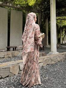 Hafizah 女款保守風長袖百褶印花開襟外套長袍 棕色 度假 秋季 - 棕色 - 查看 7
