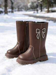 1 Pair New Girls' Tall Boots, Soft PU + Rhinestone Butterfly Decor, Round Toe Soft Sole Fashionable Cute High-Top Riding Boots, Suitable For Female Students Autumn/Winter Daily, Vacation, Campus, Outdoor Wear - Coffee Brown - View 3