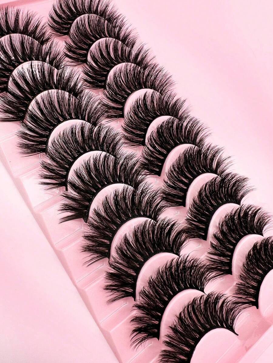 10 Pairs Faux Mink Fur Natural False Eyelashes, 3D Dramatic Thick Long Dark Cat Eye Lashes - Black - View 1