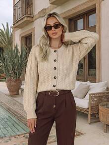 NiceArt Women's Autumn/Winter Vintage Cable Knit Wool Blend Cardigan, Long Sleeve Button Design, Suitable For Daily Wear, Autumn Outfit, Halloween - Khaki - View 9