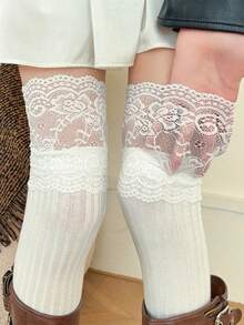 1/2 Pasang Kaos Kaki Longgar Gaya Balet Wanita Berwarna-warni dengan Pita Renda, Kaos Kaki Rajut Lembut di Atas Lutut hingga Paha, Cocok untuk Pemakaian Kasual Sehari-hari - MultiWarna - View 3