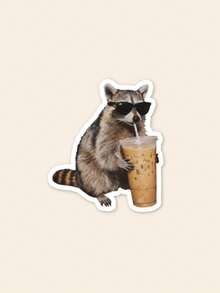 1Pc Cool Raccoon Drinking Iced Coffee Meme Sticker, Trash Panda With Fashion Glasses Waterproof Vinyl Decal, Funny Animal Sticker For Laptop Water Bottle Kindle Car Window DIY Decor, Novelty Gift For Coffee Lovers - Multicolor - View 1