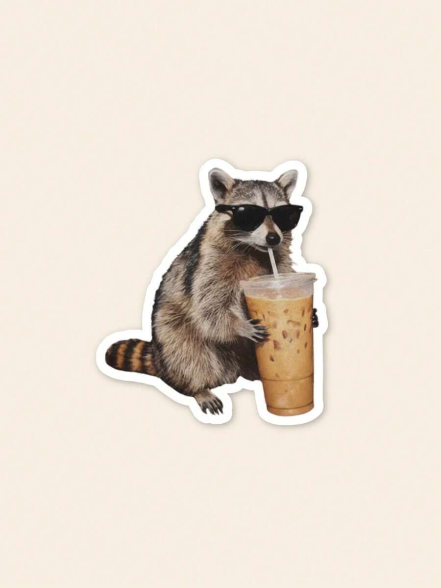 1Pc Cool Raccoon Drinking Iced Coffee Meme Sticker, Trash Panda With Fashion Glasses Waterproof Vinyl Decal, Funny Animal Sticker For Laptop Water Bottle Kindle Car Window DIY Decor, Novelty Gift For Coffee Lovers - Multicolor - View 1
