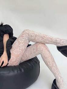 STAR RIVER Vintage White Lace Tights, Hollow Floral Fishnet Stockings Y2K Lolita - Multicolor - View 10
