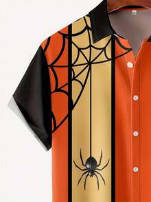 Men's Halloween Orange Spider Print Casual Short Sleeve Shirt - Multicolor - View 4