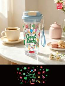 MINISO Transparent Water Cup, Cute Little Goldfish Pattern Coffee Cup, Clean And Refreshing, 550ML Transparent Water Cup, Straw, Travel, Easy To Carry; Valentine's Day Gift. - Baby Blue - View 3
