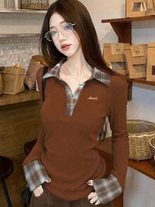Women's 2 In 1 Patchwork Plaid Polo Collar Red Long Sleeve Brushed Slim Fit Base Layer Top - Brown - View 1