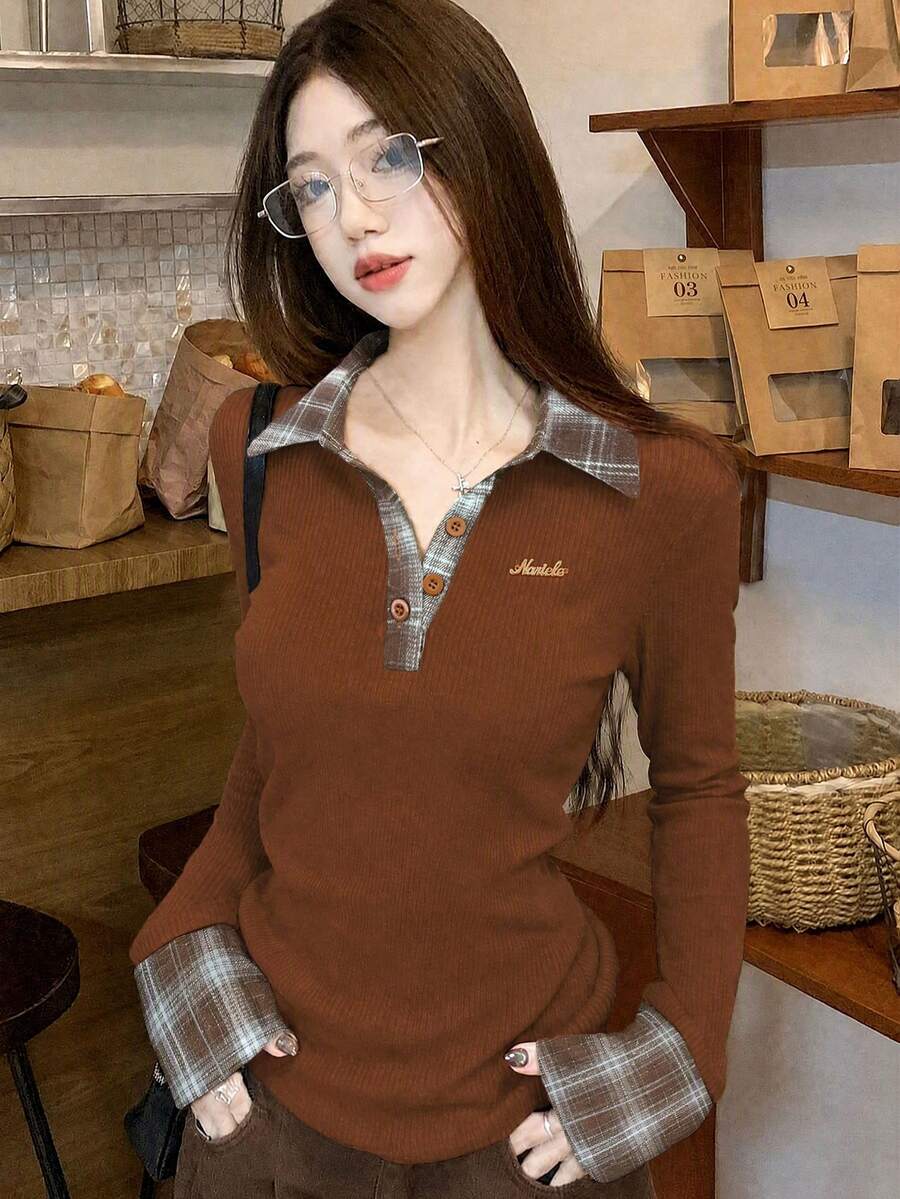 Women's 2 In 1 Patchwork Plaid Polo Collar Red Long Sleeve Brushed Slim Fit Base Layer Top - Brown - View 1