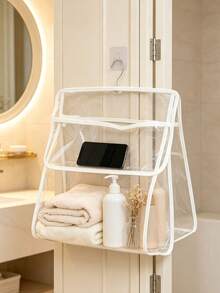 1pc Clear Transparent Hanging Storage Bag, Simple Style PVC Rectangular Organizer With Dual Compartment Design, Wall Mount Pouch For Holding Towels And Small Items For Bathroom Daily Home Use - Multicolor - View 4