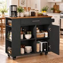 Kitchen Island Cart With Storage, 40" Kitchen Island On Wheels, Rolling Kitchen Island Table With Drawer, Storage Cabinet, Spice/Towel Rack, Black - Black - View 1