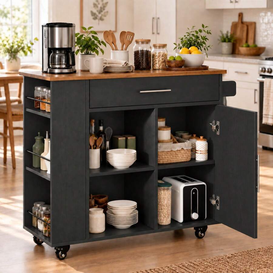 Kitchen Island Cart With Storage, 40" Kitchen Island On Wheels, Rolling Kitchen Island Table With Drawer, Storage Cabinet, Spice/Towel Rack, Black - Black - View 1