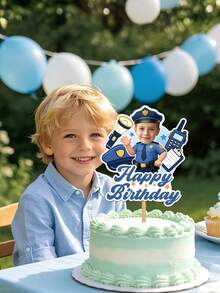 Personalized Face Photo Cake Topper, Custom Happy Birthday Cake Topper With Your Photo, Fun Birthday Cake & Cupcake Decorations, Police Car Theme Party Supplies, Custom Photo Cake Decor For Kids Boys Birthday Parties - Multicolor - View 7