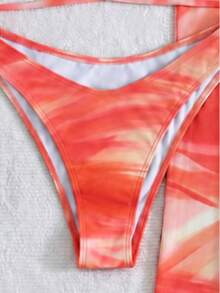 Set Bikini Segitiga Halter Tie-Dye Gradien Oranye & Merah Muda dengan Rok Penutup Pantai Panjang Pas Badan, 3 Potongan Baju Renang untuk Liburan Pantai - MultiWarna - View 5