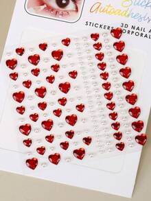 1pc Red Heart Mixed Pearl 3D Faux Rhinestone Face Decoration Stickers, Holiday Gift Music Festival Party Makeup Ball Hair Eye Face Body Decor - Multicolor - View 3