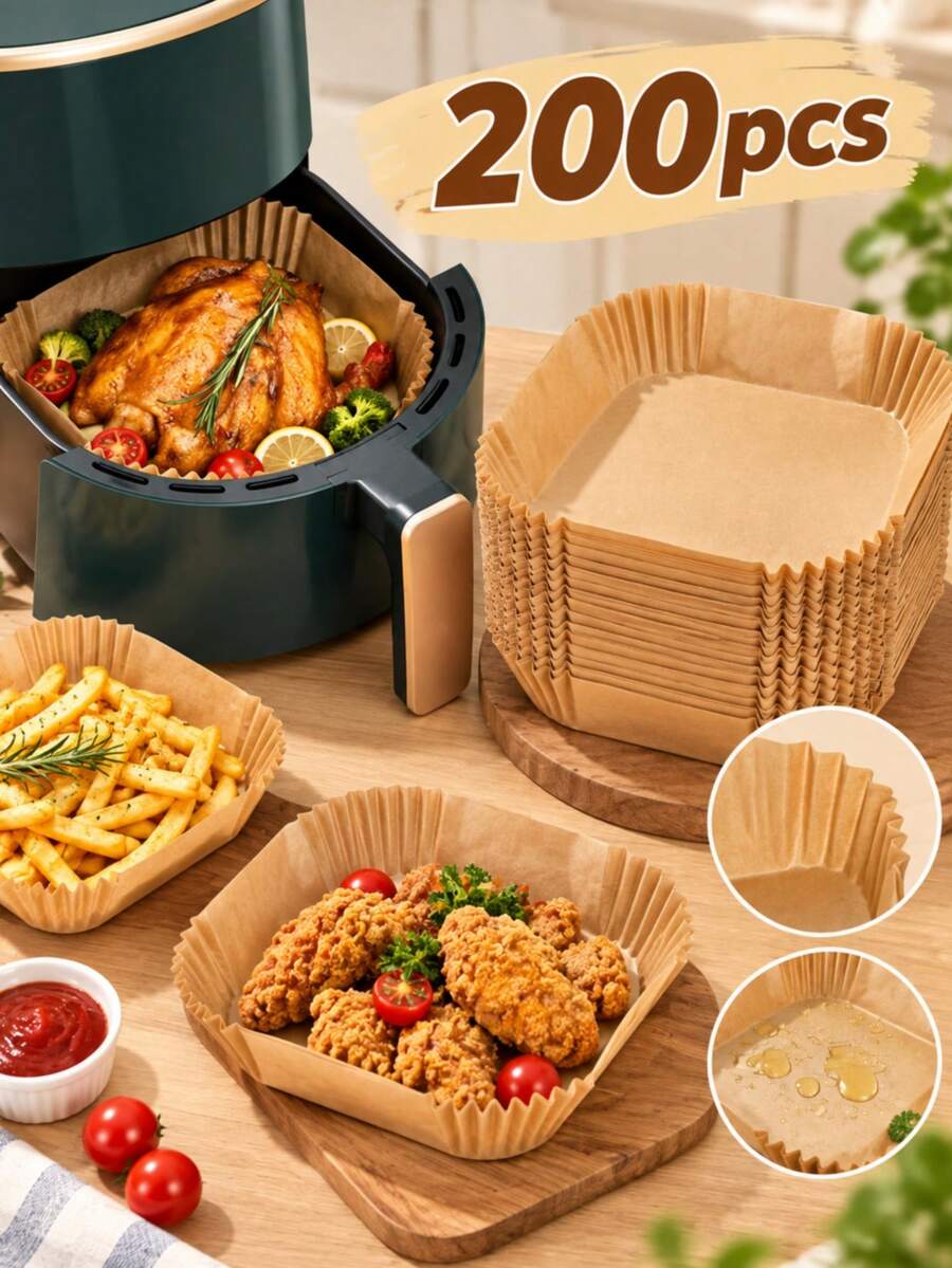 100/50/25/10入拋棄式氣炸鍋紙墊、紙製炸鍋襯紙、紙籃碗、烘焙托盤、烤箱配件、烘焙工具、廚房小工具、廚房配件
