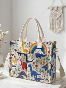 1pc Dinosaur Print Corduroy Multi-Pocket Large Capacity Storage, Snap Button Closure, Shoulder Tote Bag For Women Daily Commute School - Multicolor - View 12