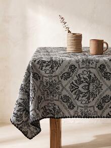 1pc Grey-Blue Base Black Vintage Damask Floral Pattern Tablecloth, Retro Classic Style Fabric Material, Rectangular Black Wavy Jagged Edge Detail, Stain-Resistant Protection For Tabletop And Decorative Enhancement, Suitable For Daily Home And Retro Classic Style Restaurant Decor - Black - View 6