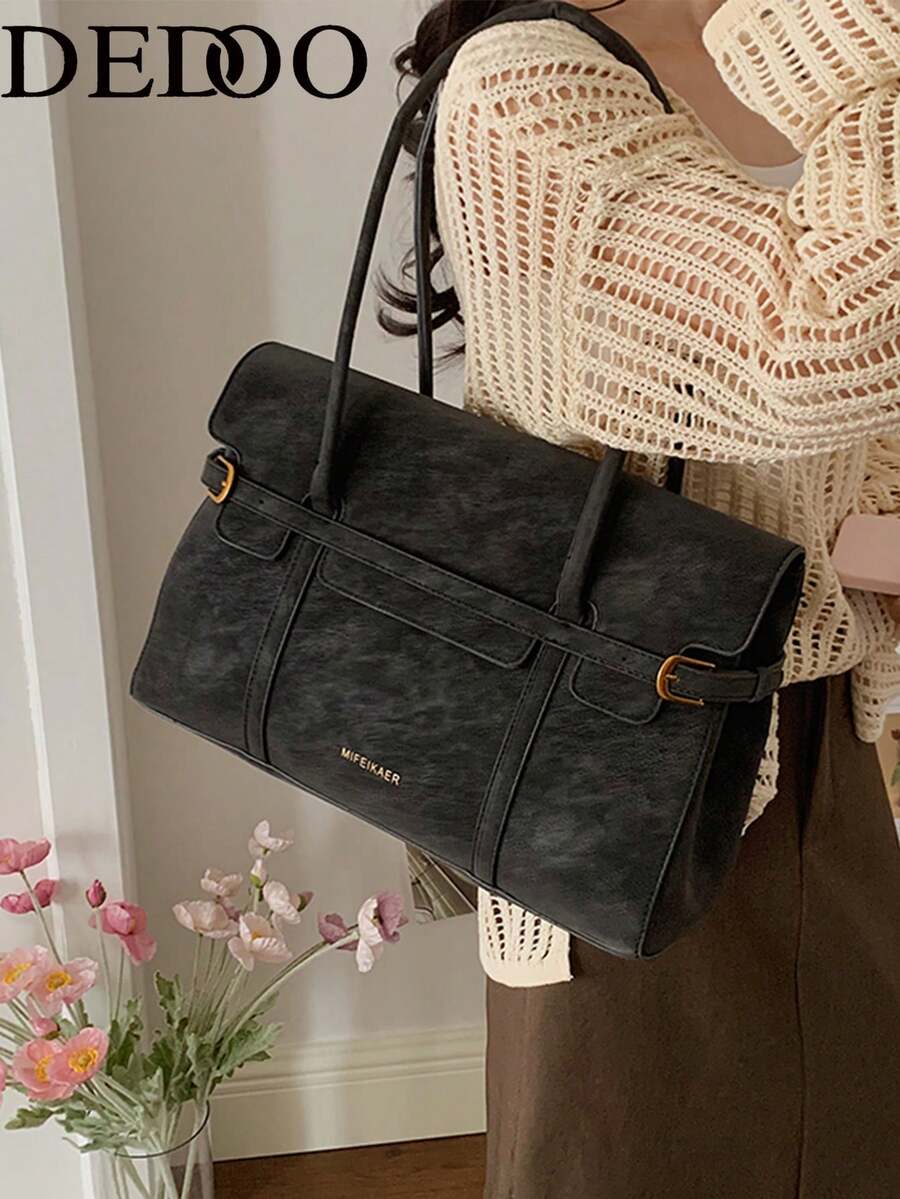 Dedoo 女款 PU 托特包，純色耐用手提包，配扣飾，大容量單肩包，極簡通勤手提包