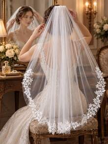 Letter Print Cathedral Style Bridal Veil (With Metal Hair Comb), Single Layer White Soft Tulle Wedding Accessory, Classic Fashionable Wedding Outfit Item, Suitable For Wedding Styling And Pre-Wedding Party - Multicolor - View 4