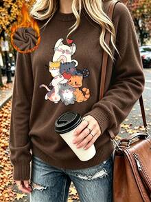 Women's Plus-Size Casual Retro Crew-Neck Knit Pullover Featuring A Cute Cat Graphic Print-A Versatile Top For Everyday Wear In Autumn And Winter. - Brown - View 7