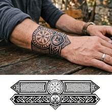 1 Sheets Viking Bear Compass Temporary Tattoo Stickers, Nordic Rune Celtic Knot Wrist Band Fake Tattoo, Waterproof Black Arm Body Art Temporary Tattoos For Men - Black - View 1