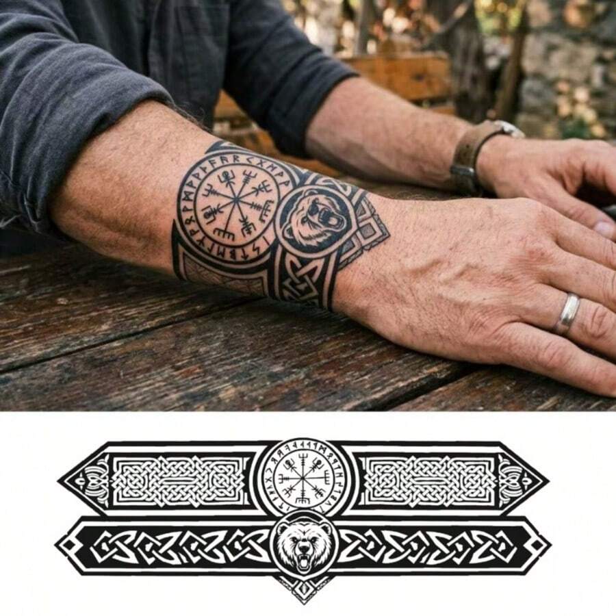 1 Sheets Viking Bear Compass Temporary Tattoo Stickers, Nordic Rune Celtic Knot Wrist Band Fake Tattoo, Waterproof Black Arm Body Art Temporary Tattoos For Men - Black - View 1