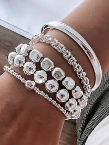 5pcs Simple Fashion Minimalist Asymmetrical Beaded Heart Bracelet Set For Women, Sisters, Vacation, Date, Gift, Daily Casual, Party, Wedding - Silver - View 1
