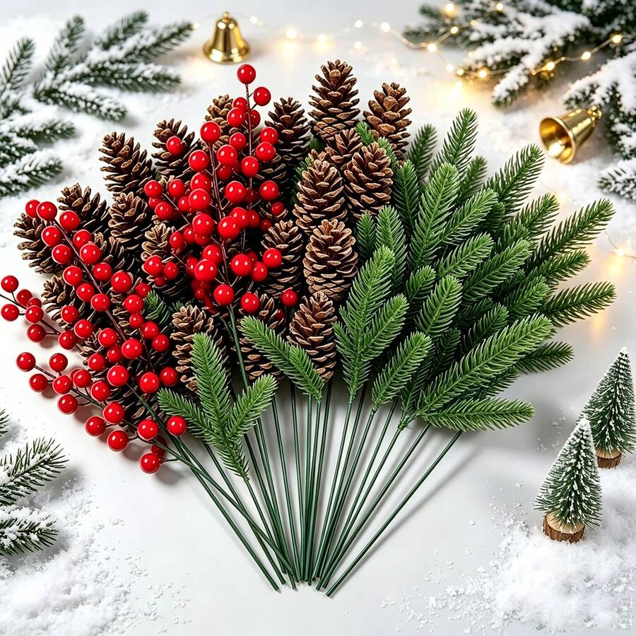 Pine Branch, Pine Cone And Red Berry Decor/Realistic Plastic Tree Branch Christmas Tree Decoration/Winter Wedding And Wreath Centerpiece Decor/Durable Pine Cone And Red Berry Decoration/Holiday Berry Wreath Accessory - Multicolor - View 1