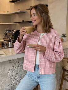 Women's Autumn/Winter New Fashion Elegant Gentle French Style Pink Mixed Color Tweed Round Neck Cardigan H-Line Loose Boxy Short Long Sleeve Jacket - Baby Pink - View 6